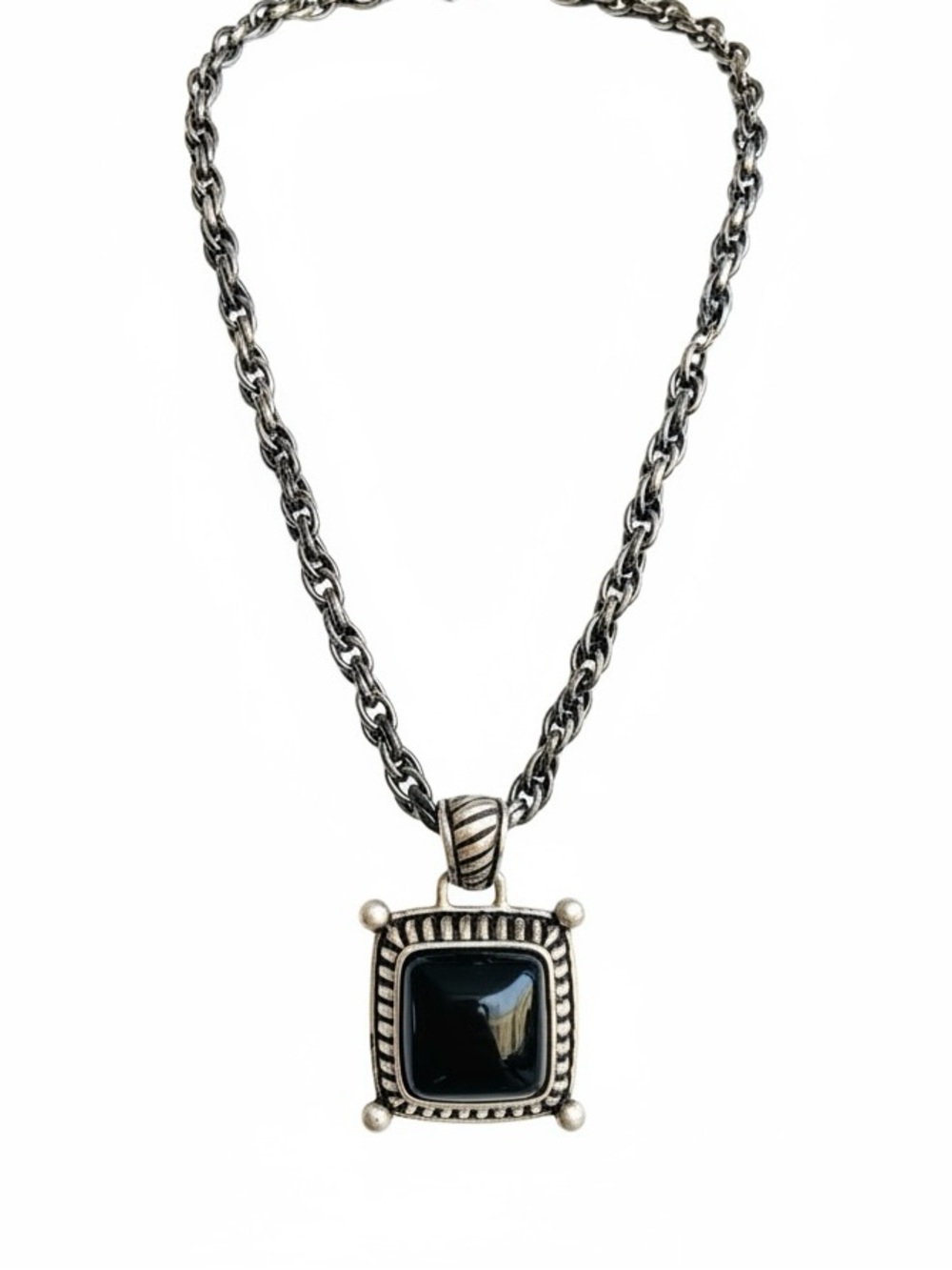 16” Sterling-Style Rope Chain Necklace with Black Onyx Stone Pendant silver